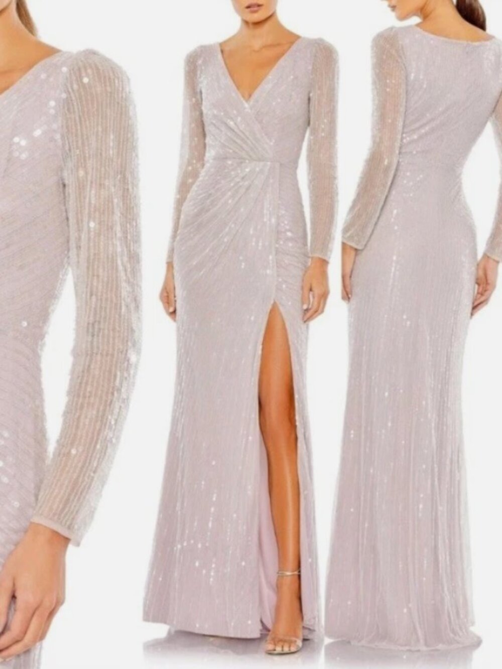 NWT $598 Mac Duggal Sequined Faux Wrap Long Sleeve Gown in Lavender Size 24